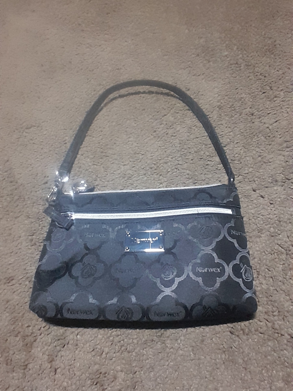 Black Luxe Patterned Wristlet Bag with Silver Hardware